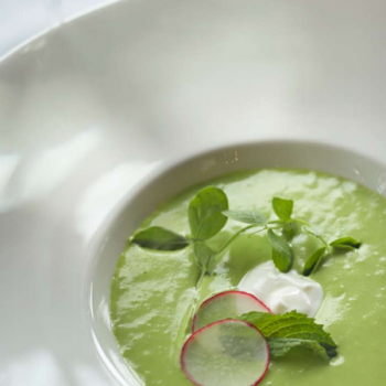 Spring pea soup with shaved radish and Greek yoghurt