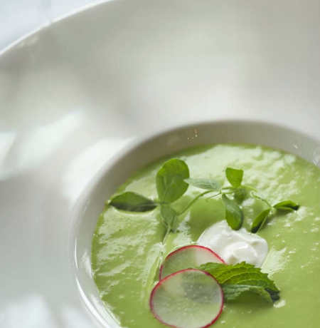 Spring pea soup with shaved radish and Greek yoghurt
