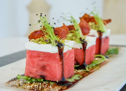 Watermelon salad with feta and mint leaves