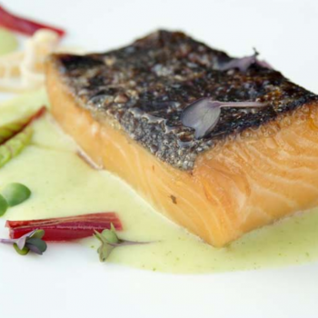 Miso marinated black cod with honeyed rhubarb and enoki mushrooms