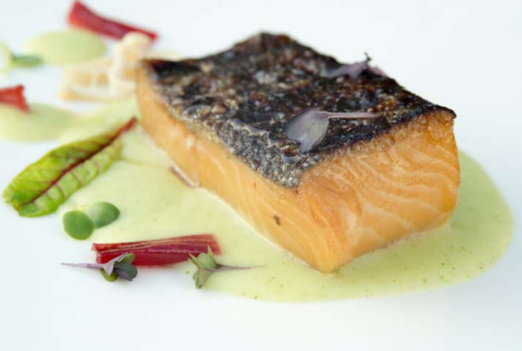 Miso marinated black cod with honeyed rhubarb and enoki mushrooms